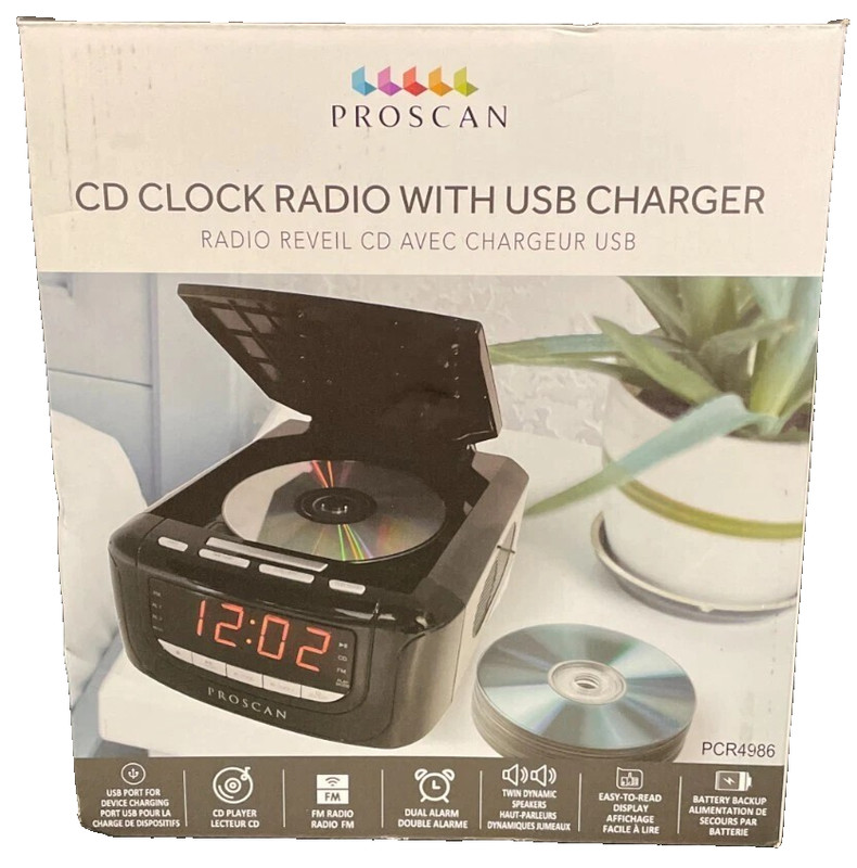 Proscan PCR4986 Easy Read Display CD Player Clock Radio With USB Charger