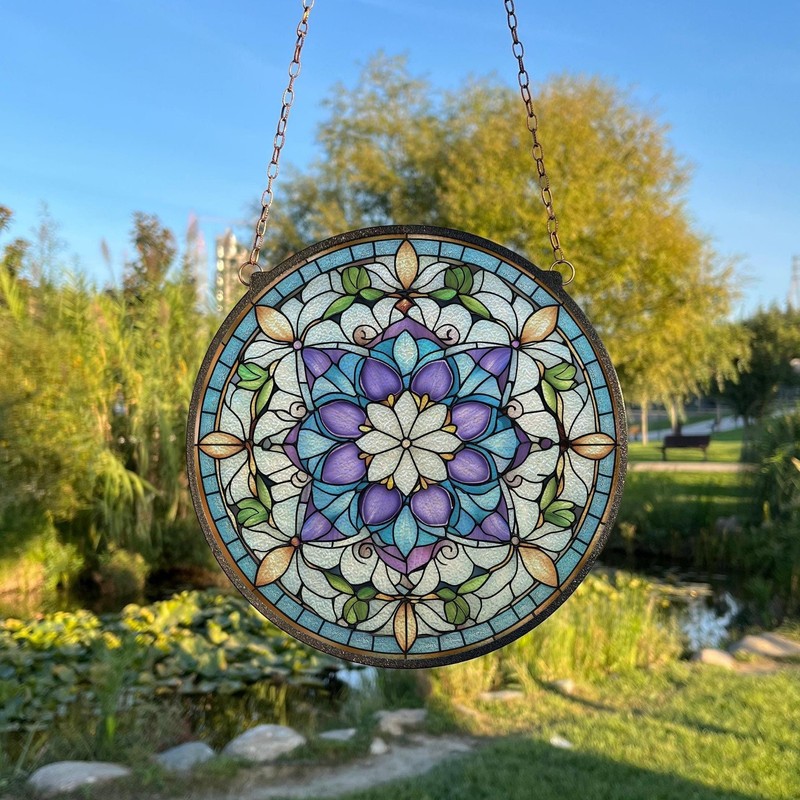 Geometric Floral Mandala Window Hanging, Stained Glass Style Art, Ind