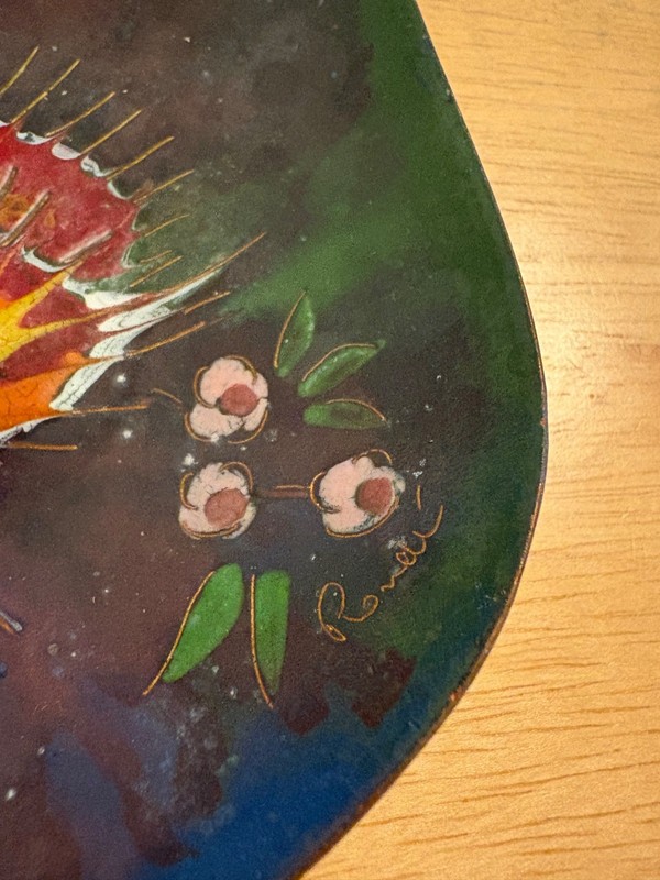 Vintage Enamel on Copper Plate Butterfly Flowers Hand-Painted Signed 4" Stand gallery