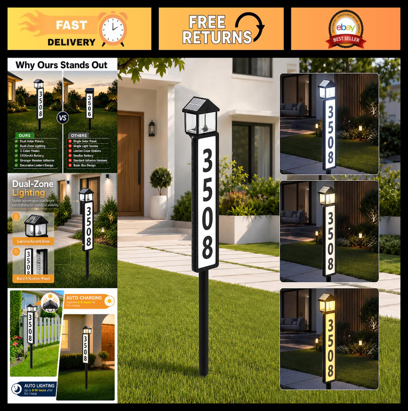 Solar Address Sign – Lantern-Style LED House Number Plaque, 3 Modes, Waterproof