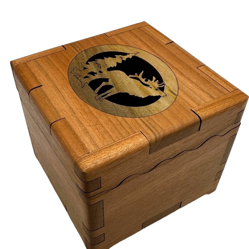 Moose Elk Wood You Tell Me Tree Cherry Carved Box Made in America 2010 Handcraft gallery