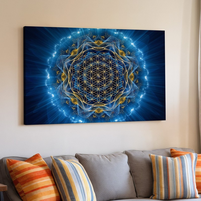 Radiant, Abstract Design Featuring A Golden Flower Of Life Pattern At Wall Art gallery
