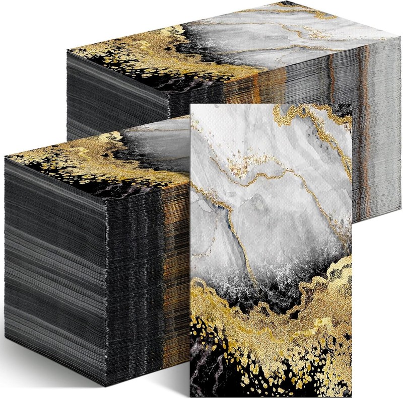 200 Pcs Marble Guest Napkins 2 Ply Disposable Guest Bathroom Paper Black Gold