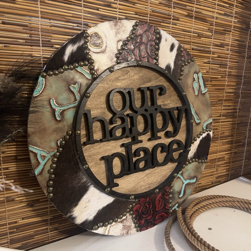 Rustic Wood Round Decorative Leather Wall Hanging Our Happy Place Hair On The Hi gallery