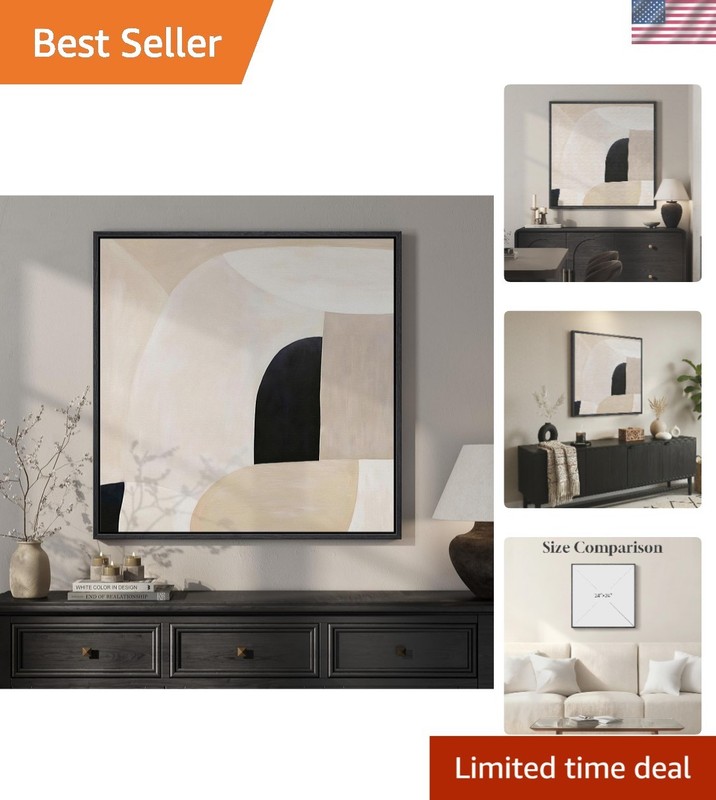 Framed Square Neutral Abstract Room Decor Wall Art, Minimalist Beige Geometri…