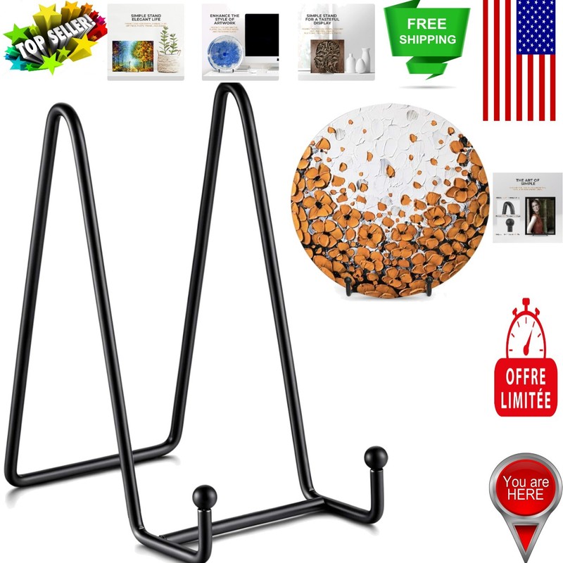 Matte Black Wrought Iron Plate Stand 6-Inch for Photos & Decorative Items
