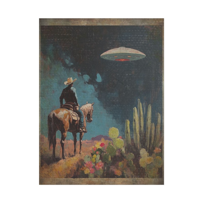 COWBOY UFO Western Wall Art, Retro Sci-fi Alien UAP Cactus Flower Horse Poster