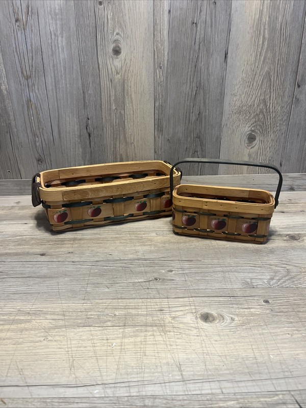 Country Woven Basket Set Of 2 Wood Apple Decor with Handles. 11”x5.5” & 7”x3.25”