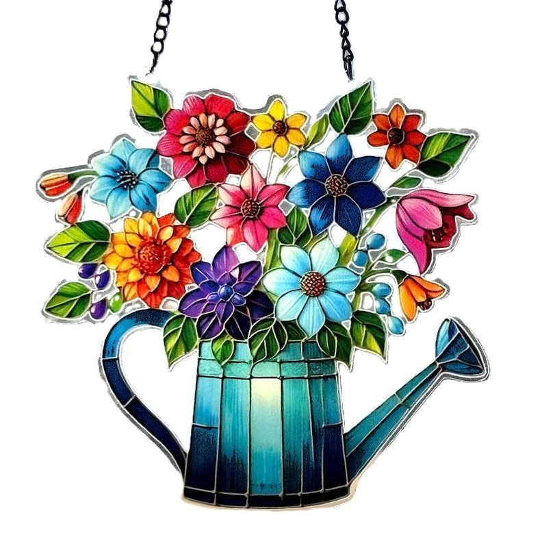 Spring Summer Flowers in Watering Can Garden Acrylic Sun Catcher Window Hanging