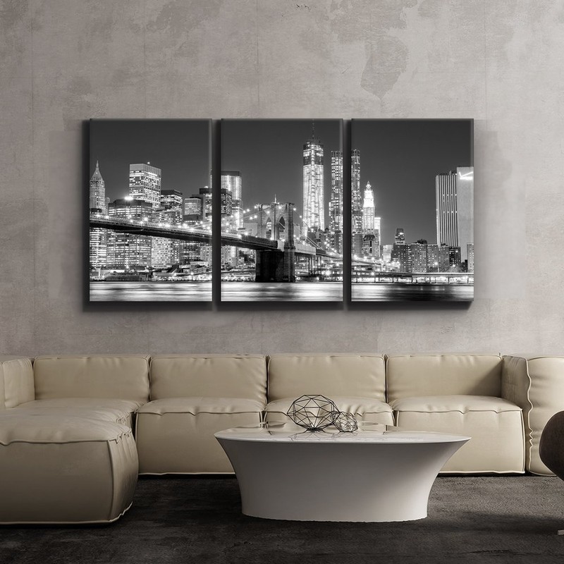 3 Piece Canvas - Black and white Manhattan Skyline and Brooklyn Bridge-16"x24"x3 gallery