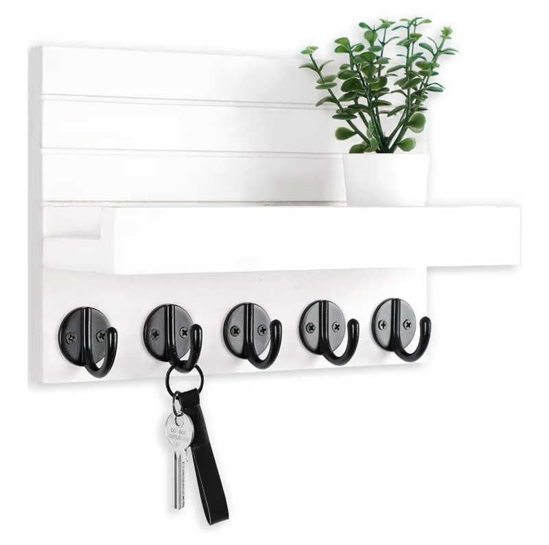 White Wall Mounted Key & Mail Rack Combo, Shelf, 6 Hooks, 9.8″ x 6.7″
