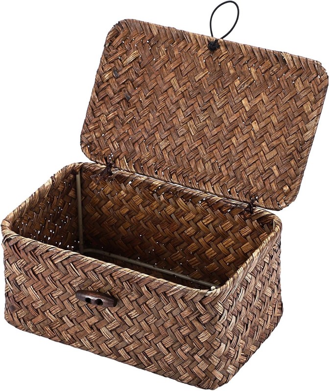Handwoven Wicker Basket with Lid Desk Organizer for Remote Control Key Glass