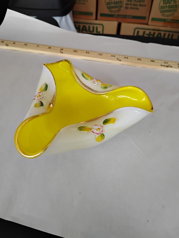 Vintage Art Glass Bowl Hand Painted FLOWERS Cased Glass Dish AshtrayYellow White