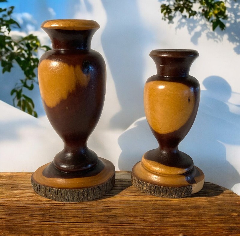 Vintage 2x Mulga Australian Wood Vase 5 inches and 6 inches in height