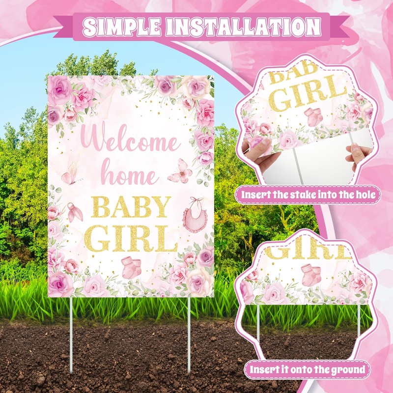 2Pcs Welcome Home Baby Girl Yard Sign Decorations, Pink Floral Baby Shower Ya... gallery