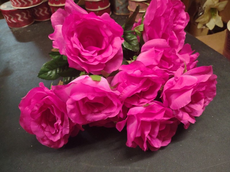 Big Mixed Pearl Rose Bush, Fuchsia Hot Pink Silk, 5" Large Roses, 12 Stems