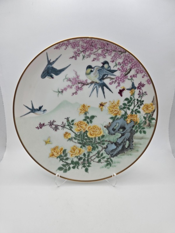 Vintage Japanese Porcelain Plate Birds Roses Cherry Blossoms Gold Rim Japan