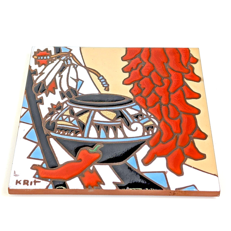 VTG Earthtones 1995 Tucson AZ Tile Trivet Feather Native Southwest Chili Pepper