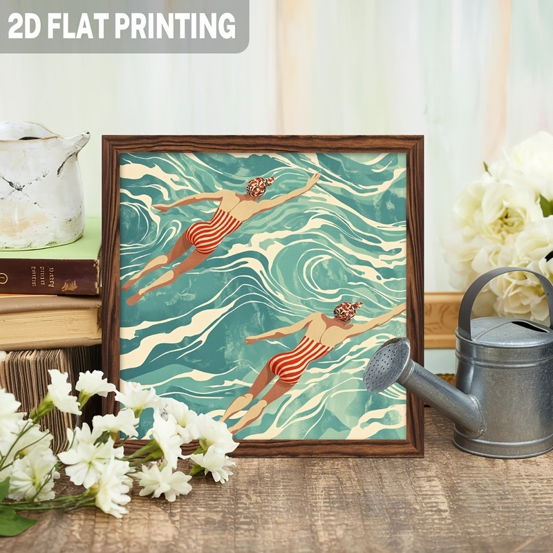 Retro Teal Wave Swimmer Illustration Rustic Framed Wooden Plaque Farmhouse Gift