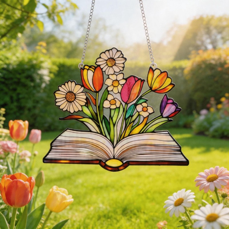 Book Suncatcher, Floral Book Lover Gift, Reading Nook Decor, Window Hanging