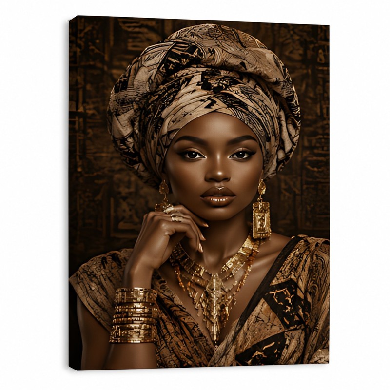 African Queen Canvas Wall Art Black Woman Portrait Luxury Gold Tribal Decor