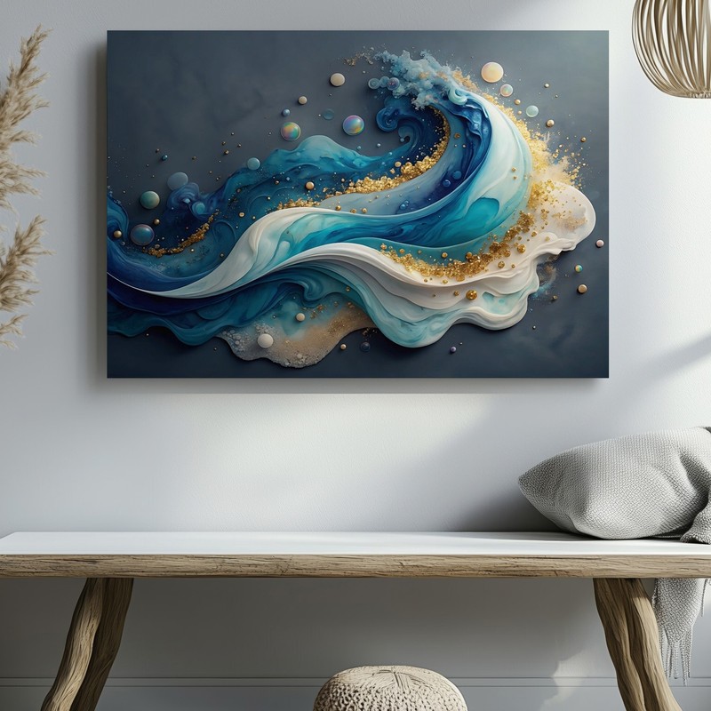 Abstract Blue and White Wave Canvas Wall Art with Gold Accents Modern Home Decor gallery