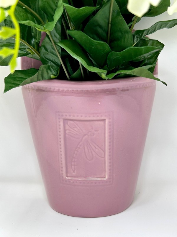 16" Vintage HANGING Pink Dragonfly Ceramic WALL POCKET, Silk White Freesia flowe gallery