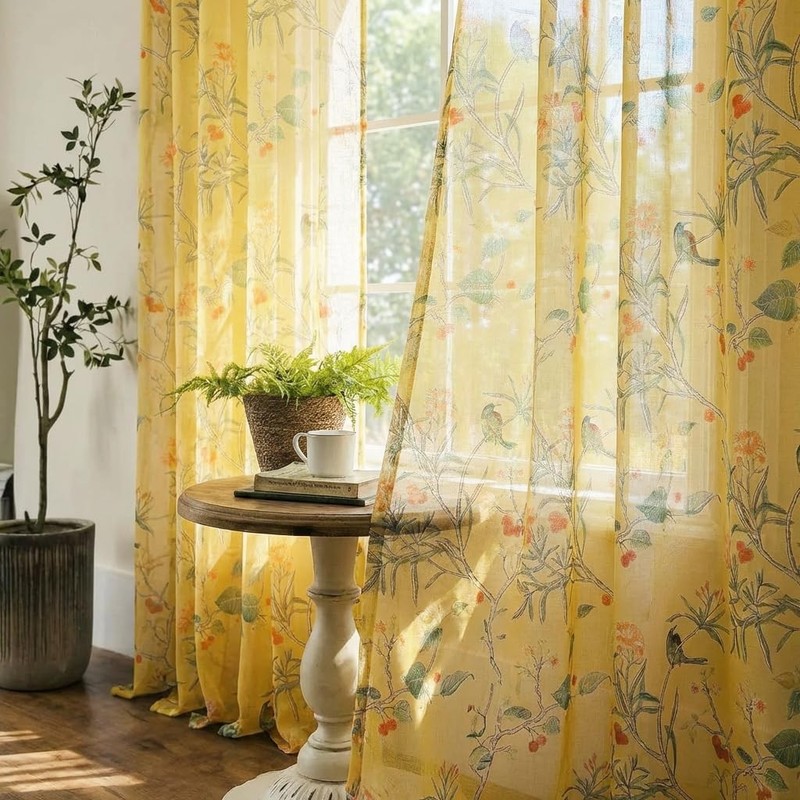 Mustard Yellow Floral Sheer Curtains, Fun Vintage Retro Botanical Patterned