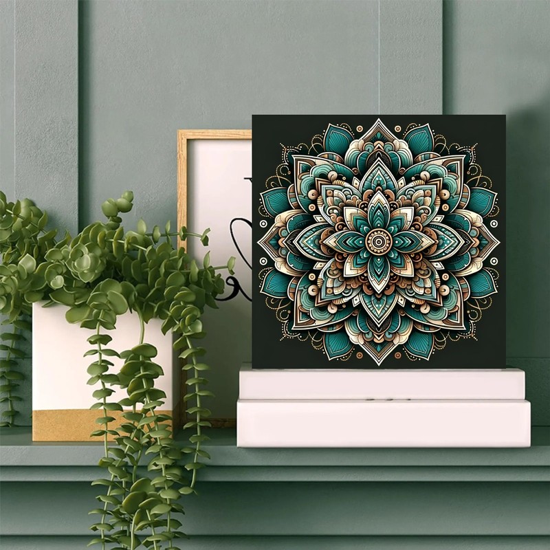 Teal Gold Lotus Mandala Wooden Box Sign Boho Zen Floral Home Office Shelf Decor gallery