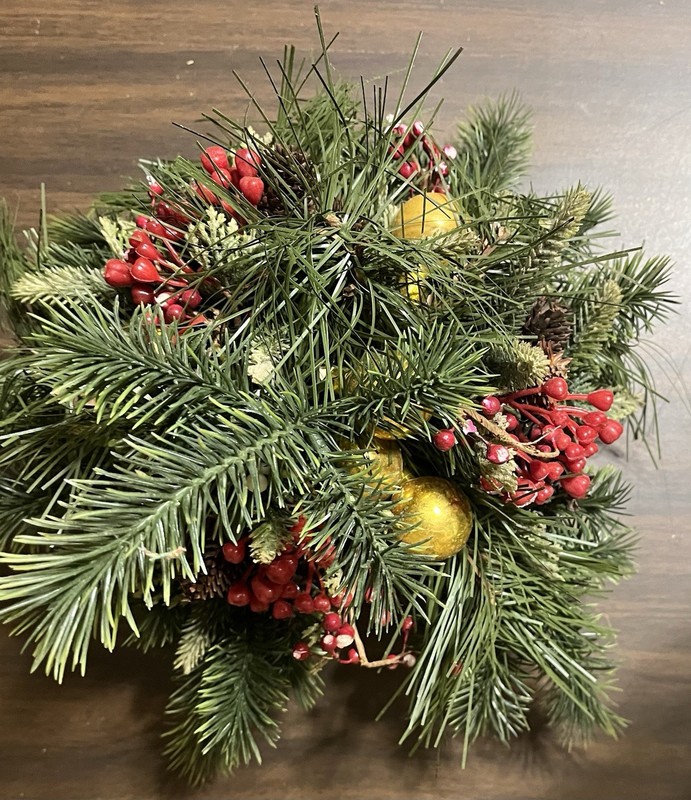 Festive Artificial Christmas Floral Arrangement In Small Round 6” Woven Basket gallery