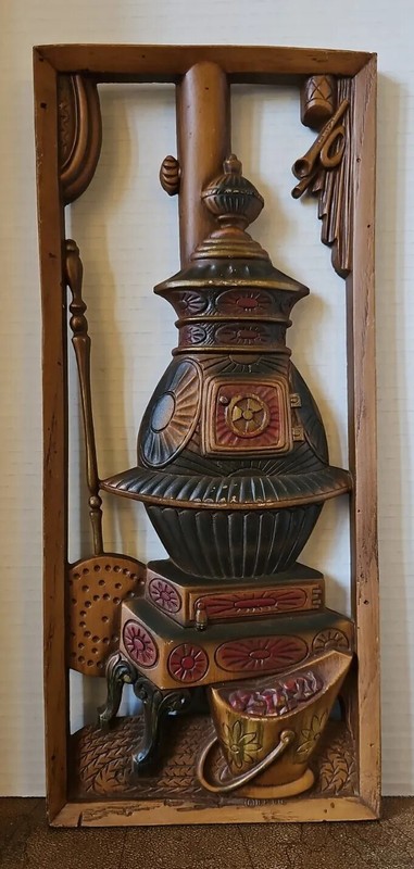 Vintage Burwood Products Framed Pot Belly Stove Resin Wall Hanging 16″ X 7″