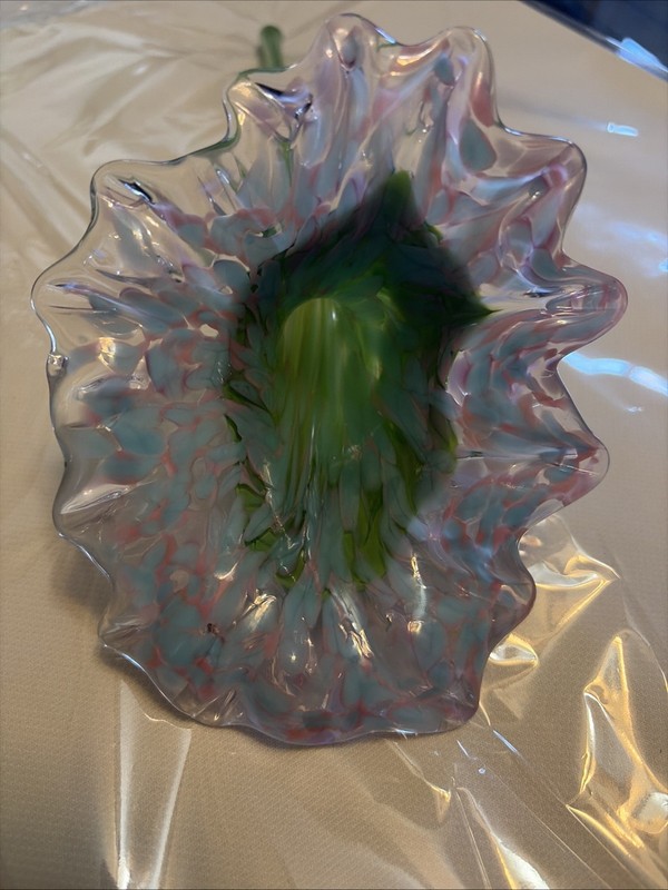Iridescent Blue Pink Hand Blown Art Glass Long Stem Flower 14" Murano Style gallery