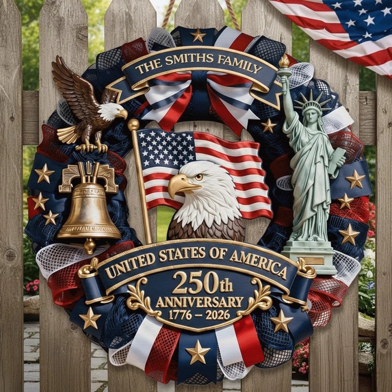 Personalized America 250th Anniversary Wood Wreath 1776-2026 Patriotic Door Sign
