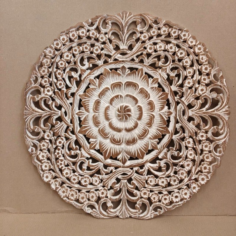 Teak Wood Wall Art 24" Rustic Whitewash Finish Detailed Floral Mandala RS013 gallery