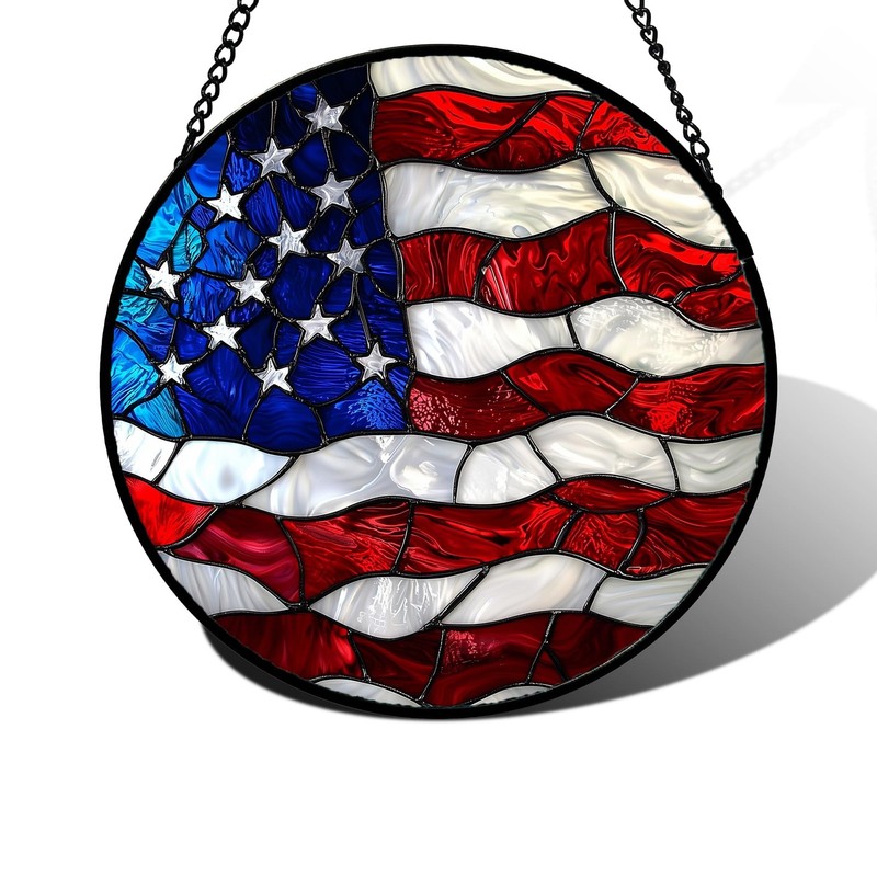Stained Glass Window Hanging Blue White Red National Flag Pattern 7.8×7.8 Sun