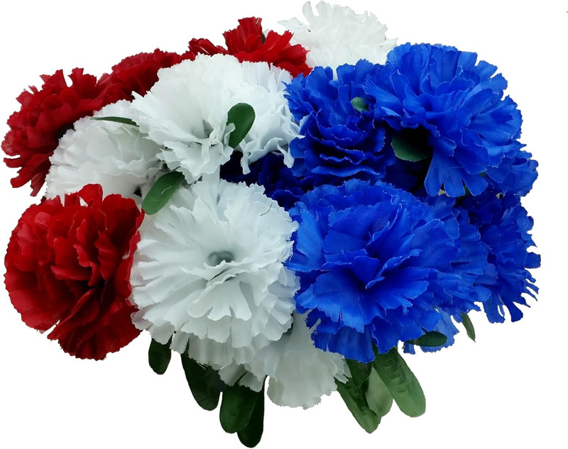 6 Patriotic Artificial Carnations Bushes. 42 Heads/Stems. Red White and Blue Flo gallery