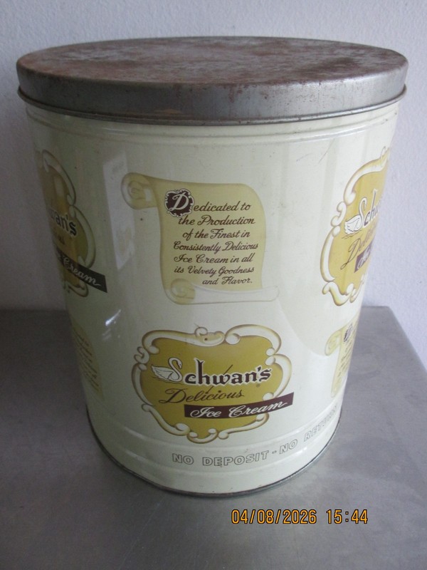 Vintage Schwans Delicious Ice Cream Tin Can 2 1/2 Gallon Empty Container gallery