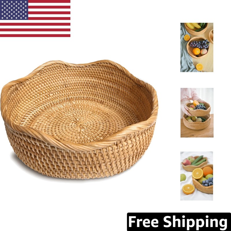 Antique Handmade Rattan Bread Basket – Eco-Friendly 10.2″ Storage Bowl