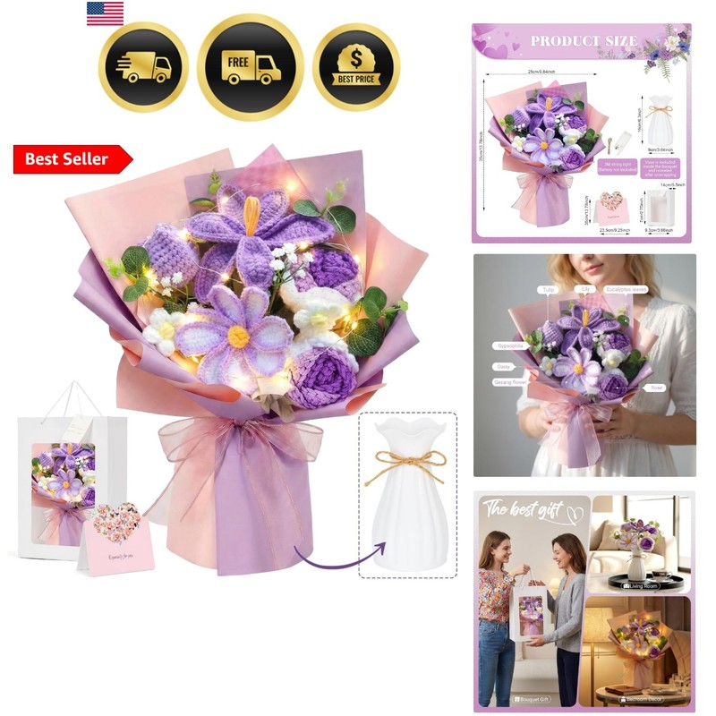 Crochet Flower Bouquet, Purple Handmade Knitted Flowers with Lights & Vase Cr…