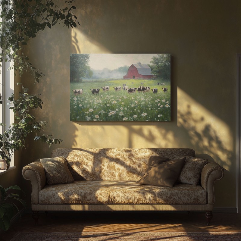 Red Barn Dairy Cows Farm Painting Print on Framed Canvas Wall Art Farmhouse gallery