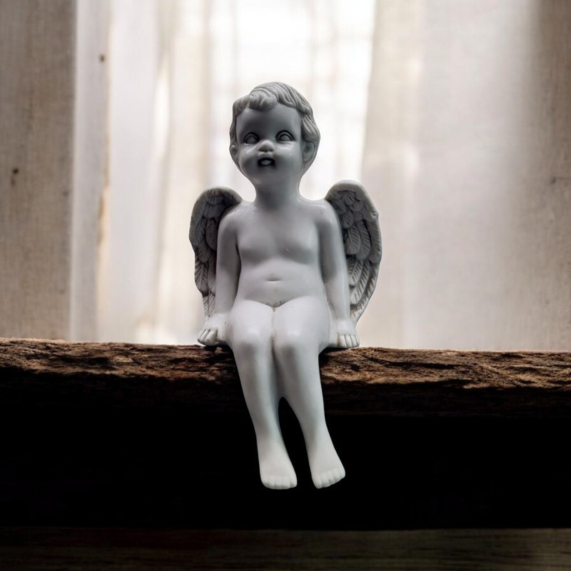 Vtg White Cherub Angel Figurine Seated Shelf Sitter Matte White Whimsigoth 7″