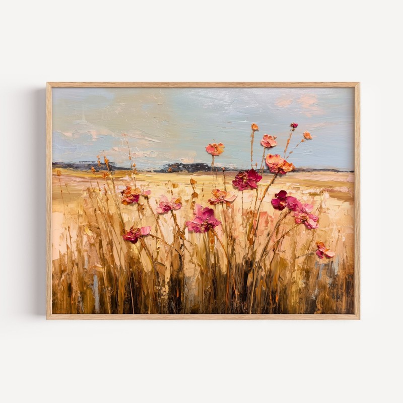 Rustic Countryside Pink Wildflower Field Art, Abstract Prairie Meadow Canvas Art