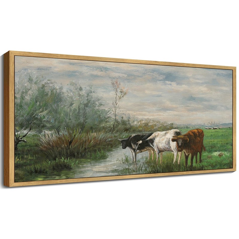 Vintage Framed Wall Art Cow Farm Landscape Painting Meadow Scenery Farmhouse ...