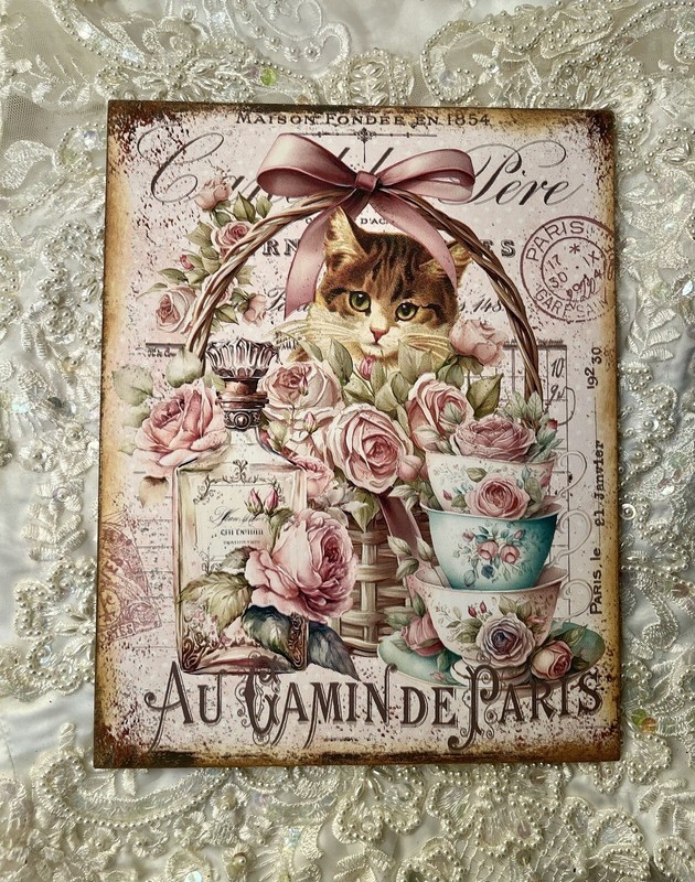 Paris Cat Roses Perfume Teacups French Shabby Chic Handcrafted Plaque Sign gallery