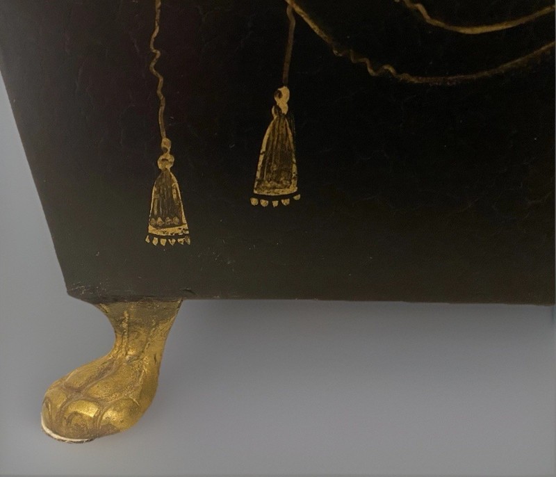 Chinoiserie Gilt Decorated Black Tole Box Scalloped Lid by Sarreid Neiman Marcus gallery