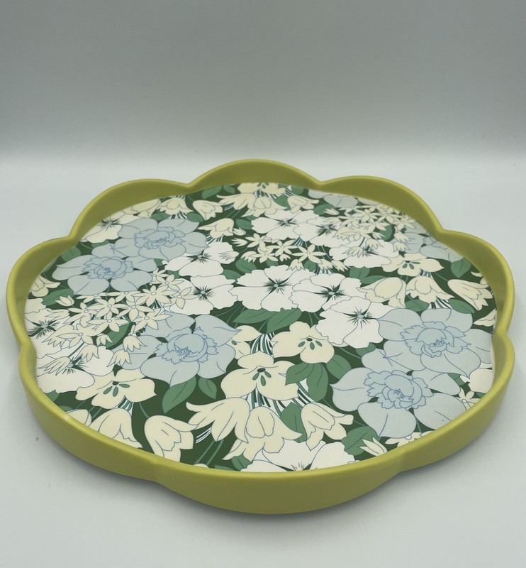 NIB Anthropologie Lyla Tray Scalloped Botanical Floral Green Stoneware 12” -READ