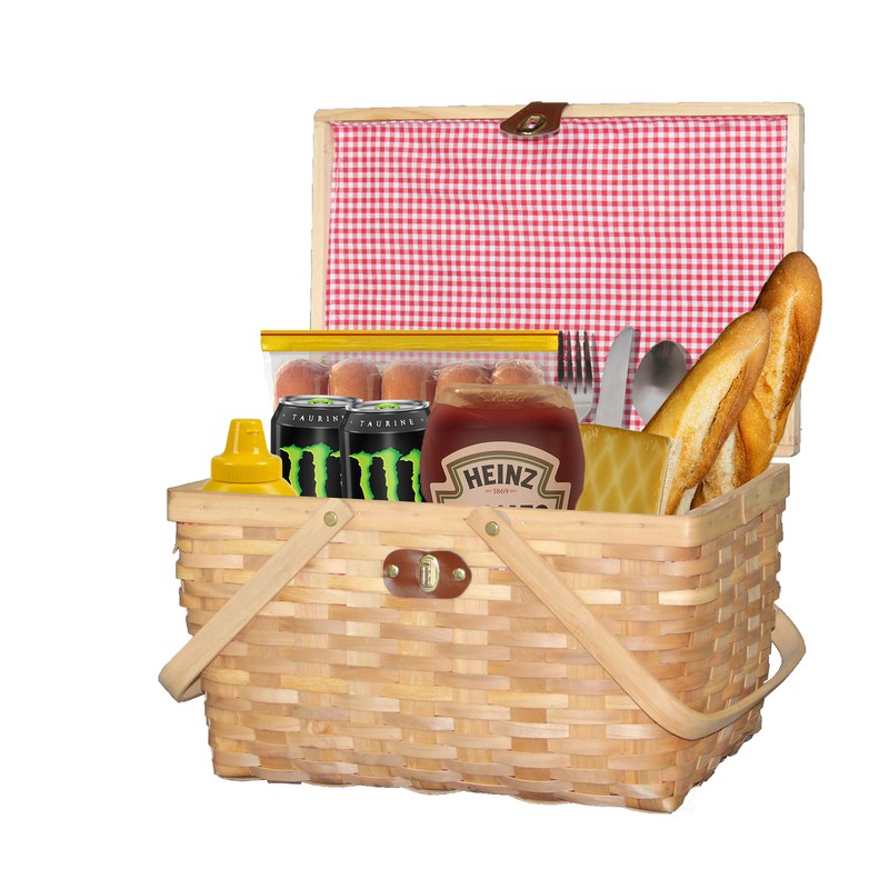 New Gingham Lined Woodchip Picnic Basket With Lid and Movable Handles