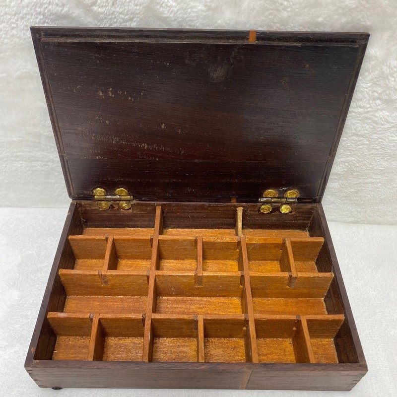 VTG Wooden Compartment Trinket Box Jewelry Organizer Hinged Lid Decorative