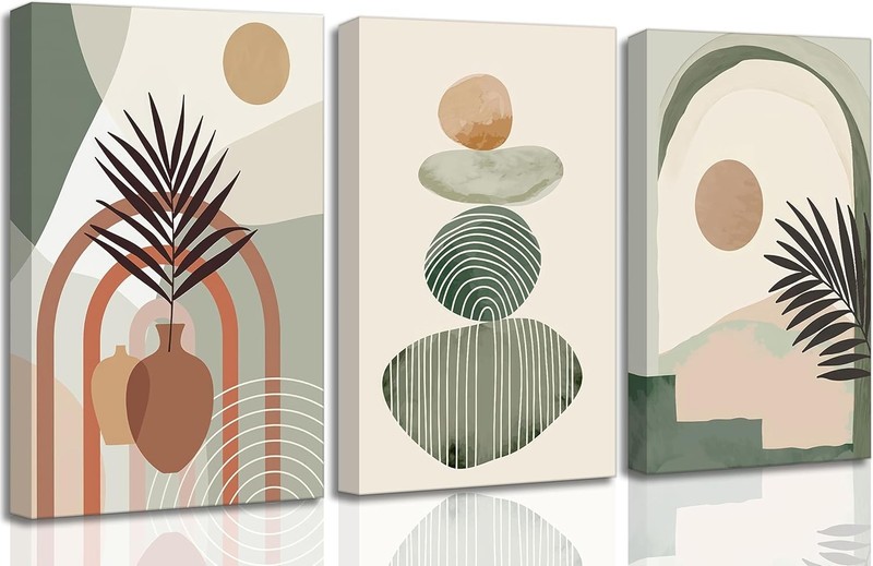3 Piece Boho Abstract Neutral Green Canvas Wall Art