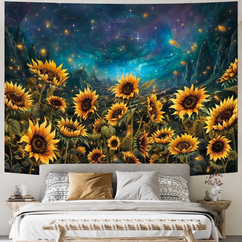 Sunflower Tapestry Galaxy Space Tapestry Fall Yellow Floral Plants Tapestries...